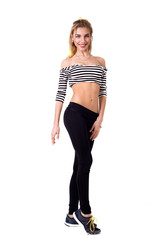 Fototapeta premium Sporty blonde girl in leggings and striped T-shirt
