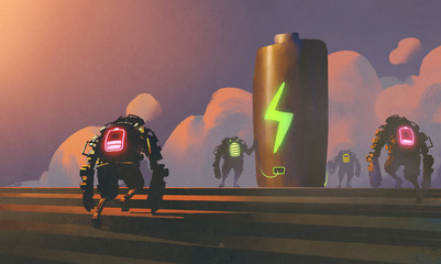 Fototapeta premium scene of robots with energy status tries to charging battery at the station, illustration painting