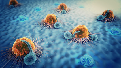 3d illustration of cancer cells and lymphocytes - obrazy, fototapety, plakaty
