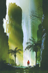 Fototapeta premium scenery of a man looking at the magnificent waterfall in rock cave with beautiful sun light,illustration painting