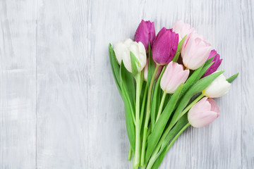 Colorful tulips over wooden background