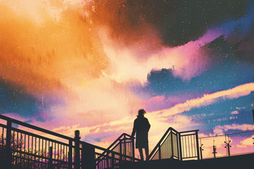 silhouette of man standing on footbridge against colorful sky, illustration painting