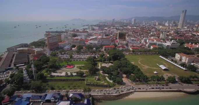Fort Cornwallis And Town Hall In George Town, Penang, Malaysia, Aerial Slider Shot
