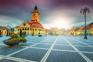 Fototapeta na wymiar Famous city center with Council Square in Brasov, Transylvania, Romania
