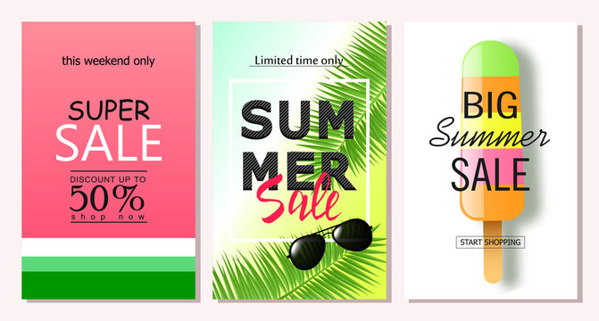 Set of summer sale banner templates. Vector illustrations for website and mobile website banners, posters, email and newsletter designs, ads, coupons, promotional material.
