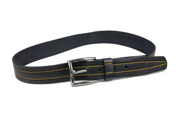 Buttoned trouser belt, black is sewn with yellow thread.