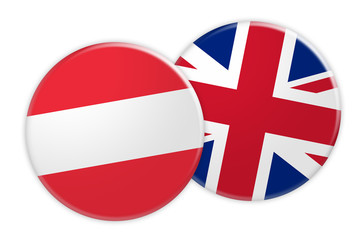 News Concept: Austria Flag Button On UK Flag Button, 3d illustration on white background