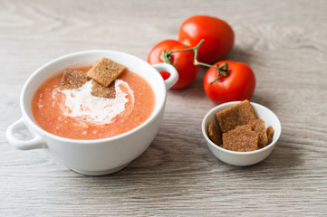Tomato soup with breadcrumbs and cream. Banner for cafe