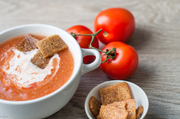 Tomato soup with breadcrumbs and cream. Banner for cafe