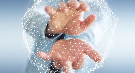 Fototapeta premium Businessman holding flying network sphere 3D rendering
