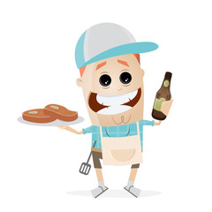 funny cartoon man with steaks and beer