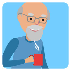 Man with cup in his hand drinking hot coffee. Vector illustration icon