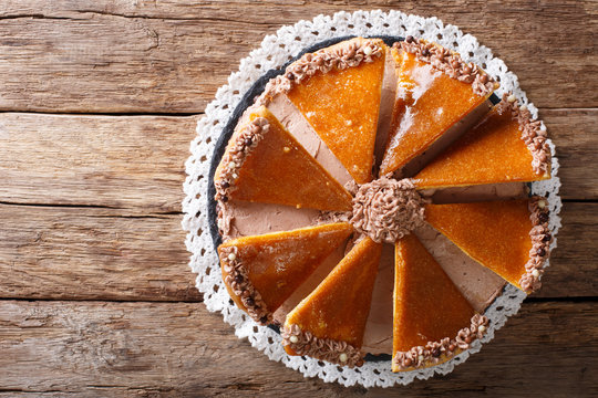 Tasty Hungarian Dobosh torte with caramel decoration close-up. Horizontal top view