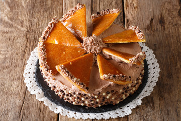 Hungarian Dobosh torte with caramel and butter cream close-up. horizontal