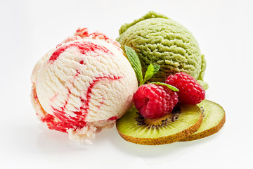 Scoops of Raspberry Vanilla and Kiwi Ice Cream