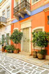Traditional greek architecture in Parikia town on Paros island. Cyclades. Greece.