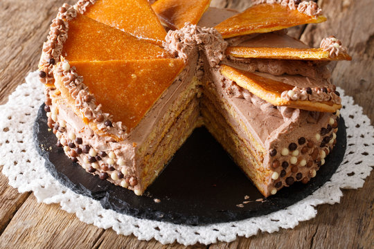 Sliced Hungarian Dobosh Cake Closeup. Horizontal