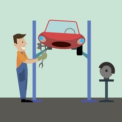 the mechanic serves. car lift. vector illustration