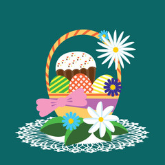 Easter basket with Easter cakes.
Easter basket, Easter cake, painted eggs. Illustration vector.