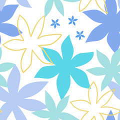 Obraz premium Floral seamless pattern in blue, green, violet and yellow on white background.