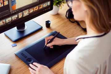 Back view of graphic designer working with interactive pen display, digital drawing tablet and pen on a computer in workstation