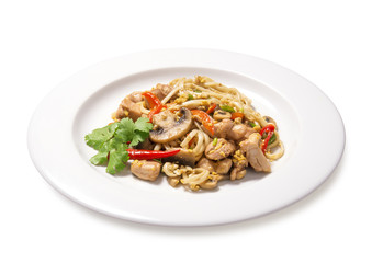 thai noodles with chicken and mushrooms isolated