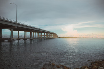 Rickenbacker Causeway Bridge that connects Miami to Key Biscayne and Virginia Key. Blue sky, skyline, ocean. Miami. Florida. USA
