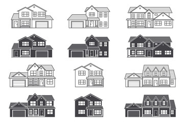Fototapeta premium Set of vector thin line icon suburban american houses. For web