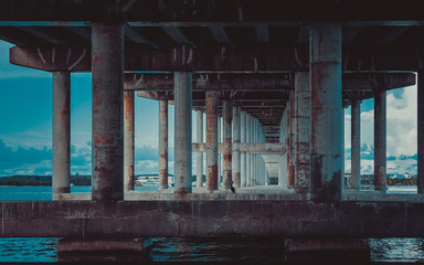 Under the Rickenbacker Causeway Bridge that connects Miami to Key Biscayne and Virginia Key.