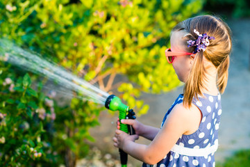 Little happy girl watering garden - bushes of blueberries