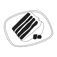 Piece of cake with white glaze on the plate. Dessert raster cartoon illustration on the white background