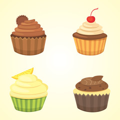 Set of cute vector cupcakes and muffins. Colorful cupcake isolated for food poster design.