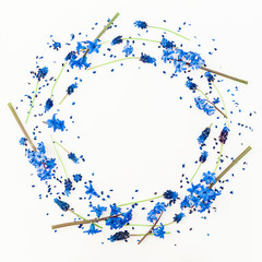 Naklejka premium Frame of blue muscari and hyacinth flowers on white background. Flat lay, top view.