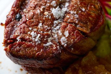 Veal sirloin, mashed potatoes chards and shallots