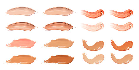 Set of cosmetic liquid foundation or caramel cream in different colour smudge smear strokes. Make up smears isolated on white background.
