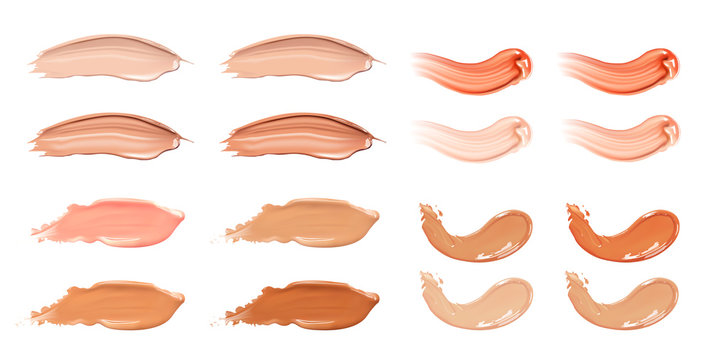 Set Of Cosmetic Liquid Foundation Or Caramel Cream In Different Colour Smudge Smear Strokes. Make Up Smears Isolated On White Background.