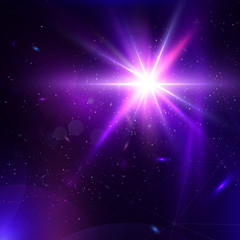 Fototapeta premium Abstract vector glowing background. Lens Flare fantastic design. Futuristic illustration with stage spot light and light burst. Space concept template. Flash Highlight beam. Glare, flicker and glow.