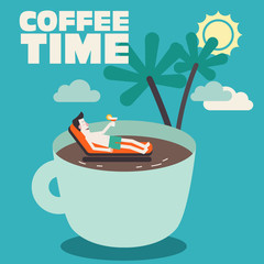 Young businessman relaxing during break in coffee cup. Coffee time, break, relaxation, travel, vacation and holiday vector concept