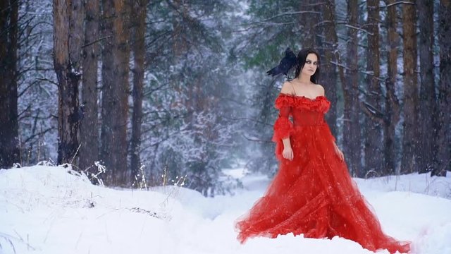 Beautiful woman with pale skin in a red dress with a raven on his shoulder