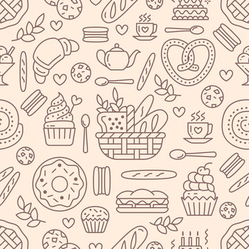Bakery seamless pattern, food vector background of beige color. Confectionery products thin line icons - cake, croissant, muffin, pastry, cupcake, pie. Cute repeated illustration for sweet shop.