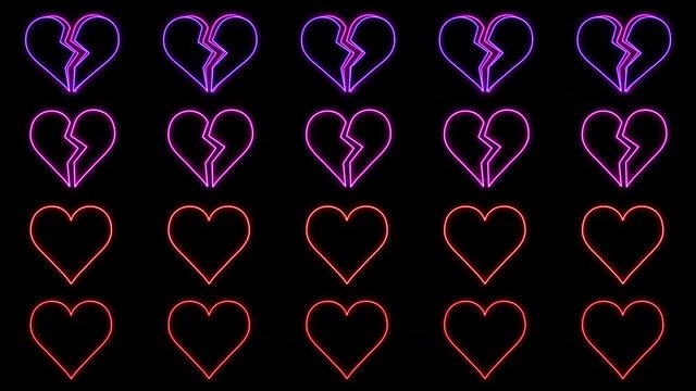 Sequence of Breaking Neon Heart Rows with Loop