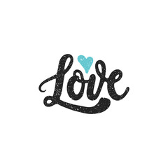 Love - black hand drawn lettering with blue abstract heart and texture. Script letters.