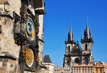 Fototapeta na wymiar Old astronomical clock Prague astronomical clock in Old Town Square with Church of Our Lady before Tyn, Prague, Bohemia, Czech Republic