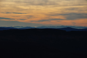 Sunset over the Bavarian Forest National Park. View of the highest peak Grosse Arber 1456 m - Germany Europe