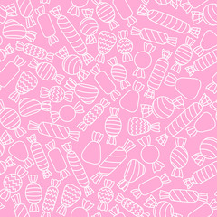 Vector outlined white candies on the pink background. Seamless pattern.