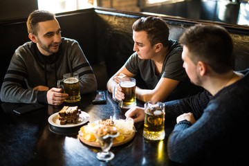 Spending time with best friends. Handsome young man toasting with beer and smiling while sitting with his friends in beer pub