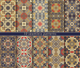 Ten seamless patterns in Oriental style. Eastern ornaments for design fabric, wrapping paper or scrapbooking. Vector illustration in brown colors.
