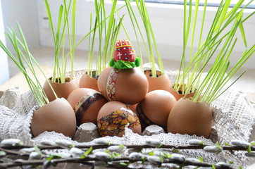 Easter eggs with greens and egg glaze