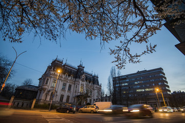 Bucharest night scene in a spring day with focus on cherry tree flowers.