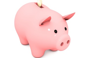 3d image: Pink piggy Bank with Golden (copper) coin on a white isolated background